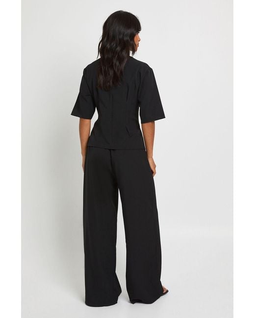 Boohoo Black Petite Woven Marl Cinch Waist Top Wide Leg Trouser Co-Ord