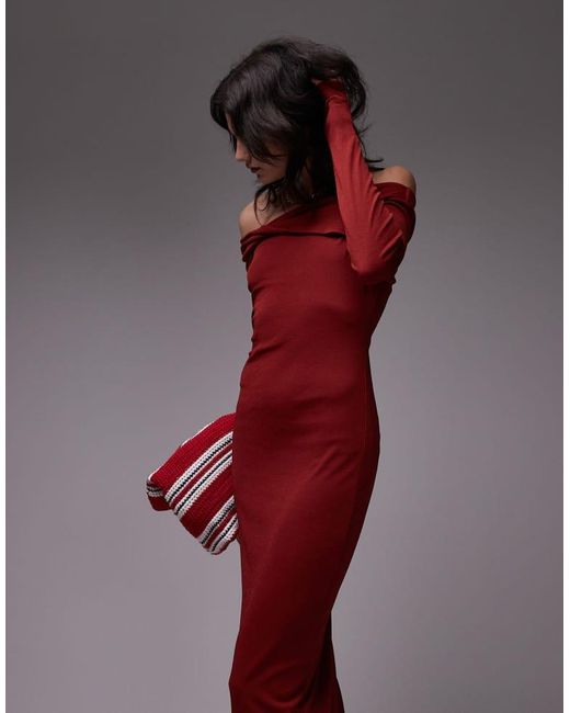 TOPSHOP Red Bardot Twist Detail Long Sleeve Maxi Dress