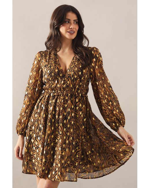 Wallis Brown Printed Blouson Sleeve Metallic Mini Dress