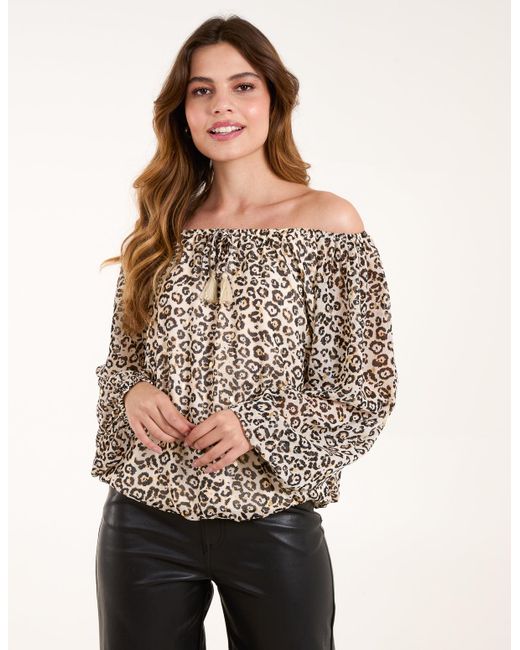 Blue Vanilla Natural Bardot Elastic Neckline Leopard Tassel Top