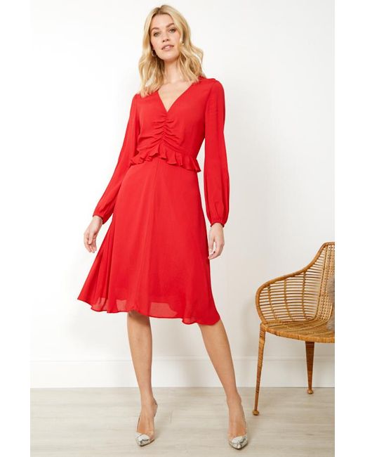 Sosandar Red V Neck Ruffle Detail Fit & Flare Dress
