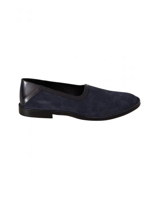 Dolce & Gabbana Black Blue Leather Perforated Slip On Loafers Shoes for men