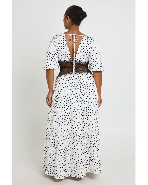 Boohoo White Plus Polka Dot Satin Lace Panel Angel Sleeve Maxi Dress