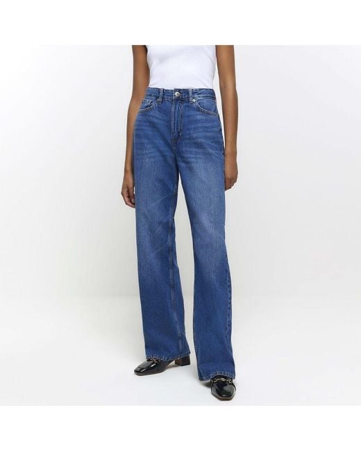 River Island Blue Straight Jeans High Waisted Relaxed Cotton