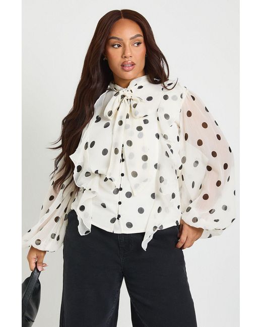 Boohoo White Plus Polka Dot Chiffon Balloon Sleeve Blouse