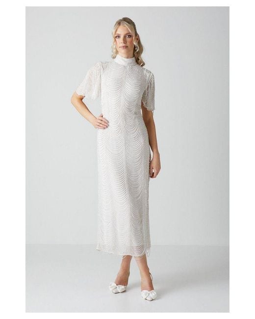 Coast White Draped Pearl And Beaded Fringe Angel Sleeve Wedding Dress