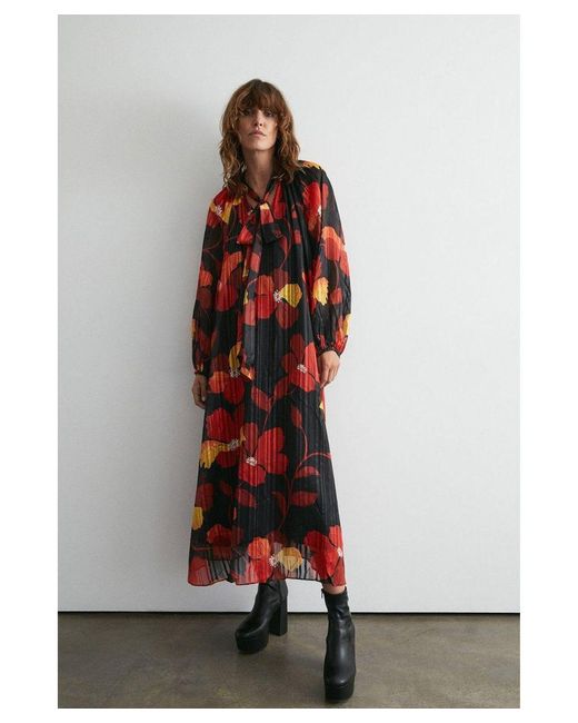 Warehouse Red Printed Tie Neck Maxi Dress