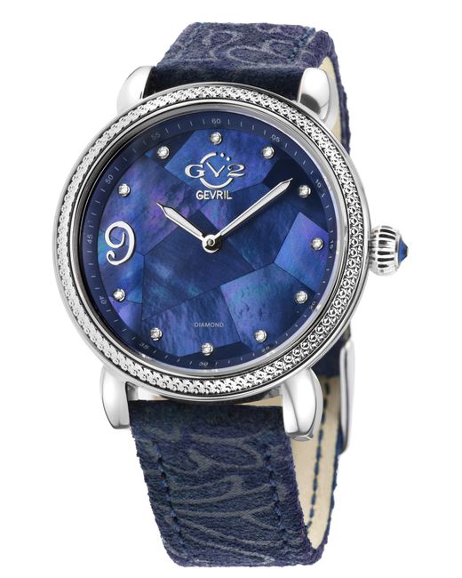 Gv2 Blue Ravenna Swiss Quartz Diamond Mother Of Pearl Dial Suede Embossed Watch Leather