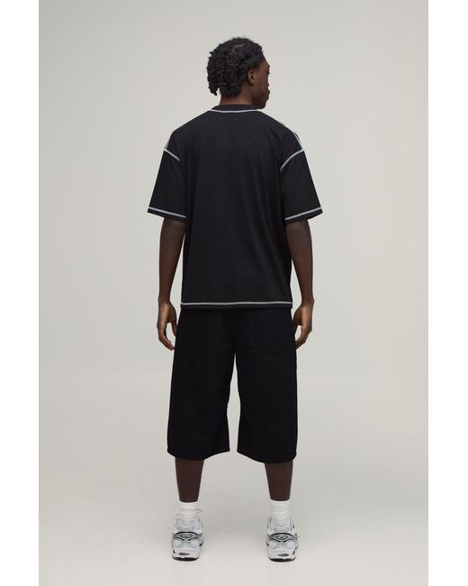 BoohooMAN Black Oversized Exposed Seam Contrast Stitch Embroidered T-Shirt for men