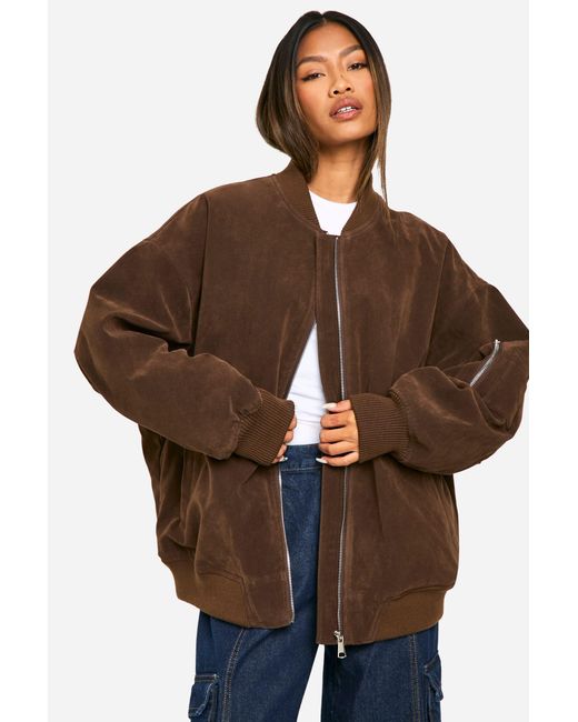 Boohoo Brown Vintage Suede Look Oversized Bomber Jacket