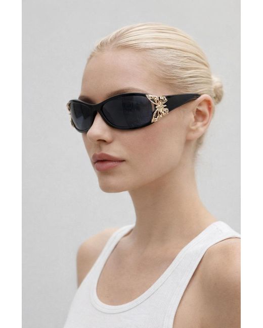 SVNX Black Vintage Wrap Around With Butterfly Detail Sunglasses