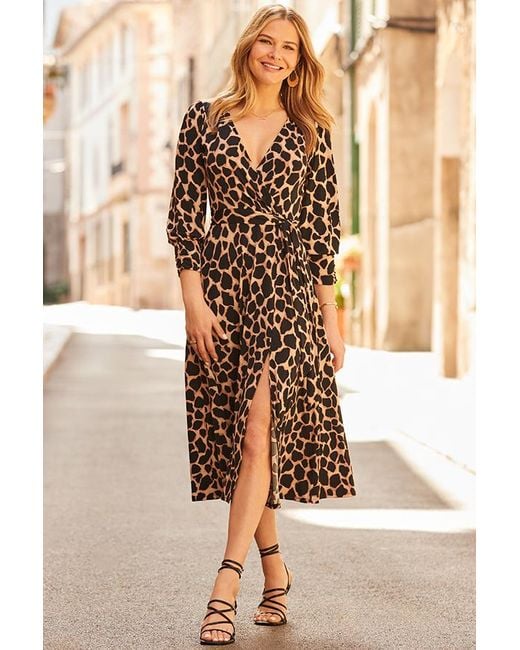 Sosandar Natural Animal Print Fit & Flare Wrap Dress