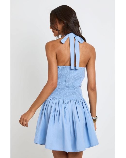 Boohoo Blue Tall Cotton Poplin Halterneck Front Gathered Seam Skater Mini Dress