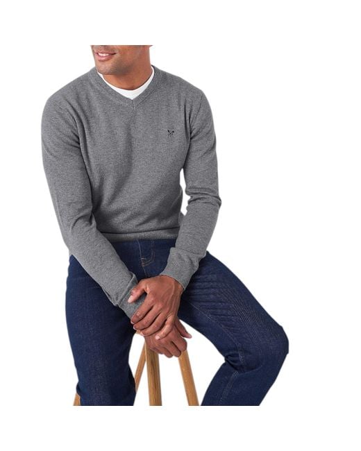 Crew Gray Jumper V Neck Long Sleeve Regular Fit Lightweight Knit Sweat for men