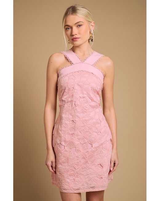 Oasis Pink Embroidered Floral Halterneck Mini Dress