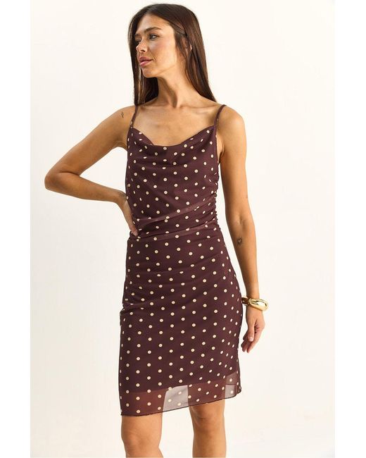 Bianco Lucci Red Polka Dot Bodycon Midi Dress With Cowl Neck
