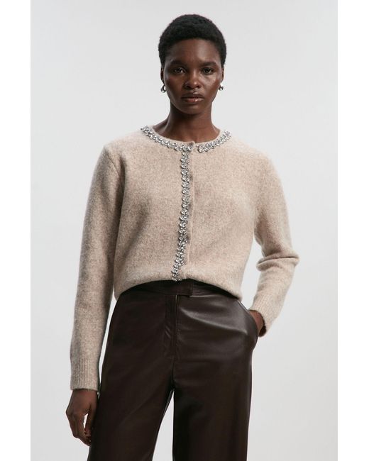 Karen Millen Natural Embellished Trim Cosy Knit Cardigan