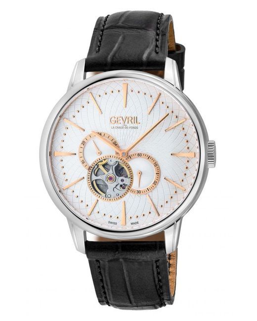 Gevril Gray Mulberry Ss Case, / Dial With Embossed Textured, Genuine Italian Handmade Leather Strap for men