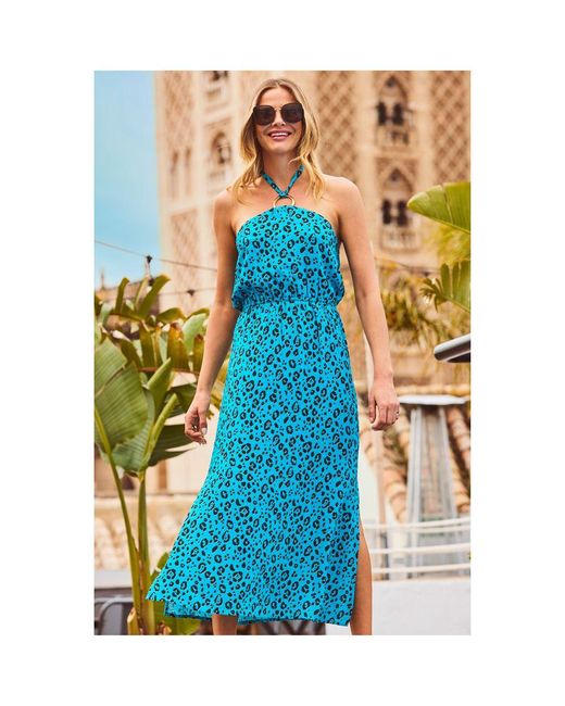 Sosandar Metallic Aqua Print Halter Neck Sunshine Dress