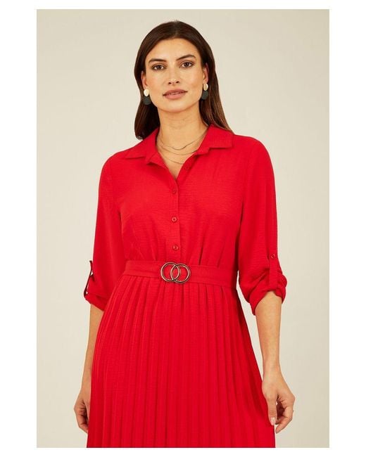 Mela London Red Pleated Skirt Midi Dress With Gold Buckle Lyst UK