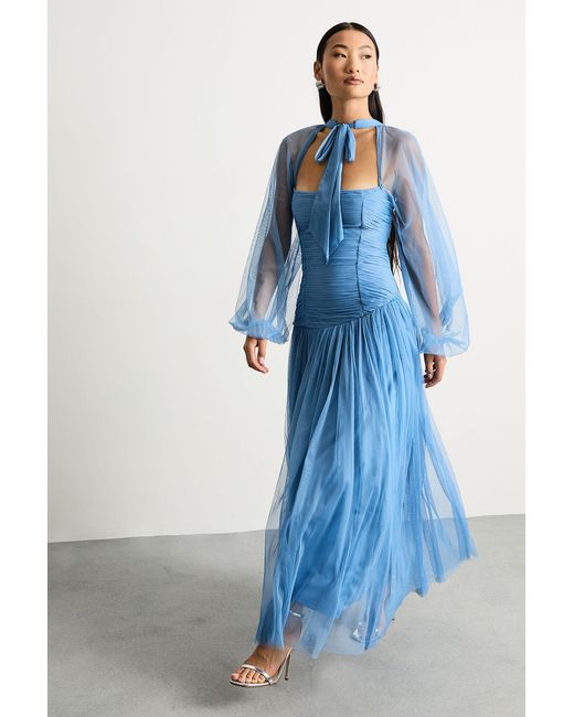 Warehouse Blue Petite Bow Detail Gathered Tulle Maxi Dress With Open Neck