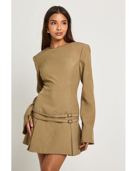 Boohoo Natural Tailored Buckle Detail Pleated Mini Dress