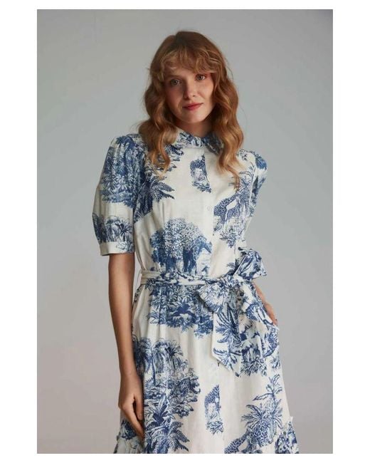 GUSTO Blue Printed Midi Shirt Dress