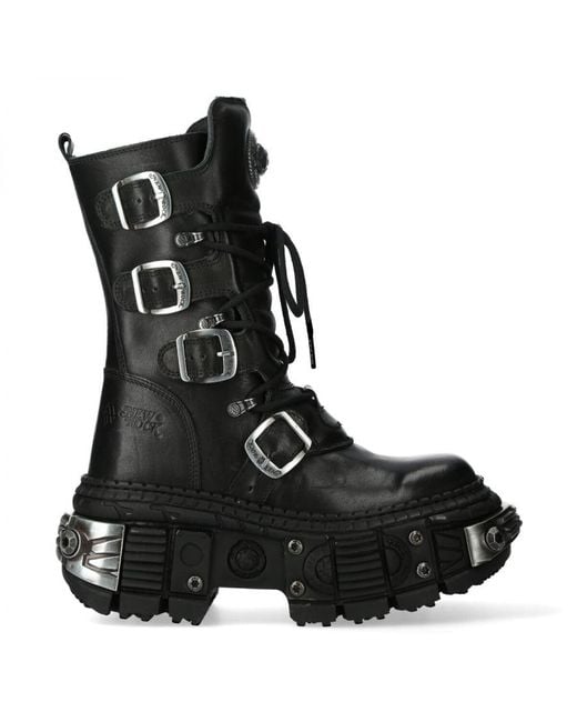 New Rock Black Mid Calf Leather Goth Boots-Wall1473-S11