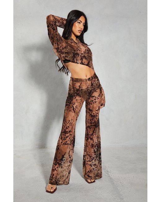 MissPap Gray Devore Mesh Floral High Waisted Wide Leg Trouser