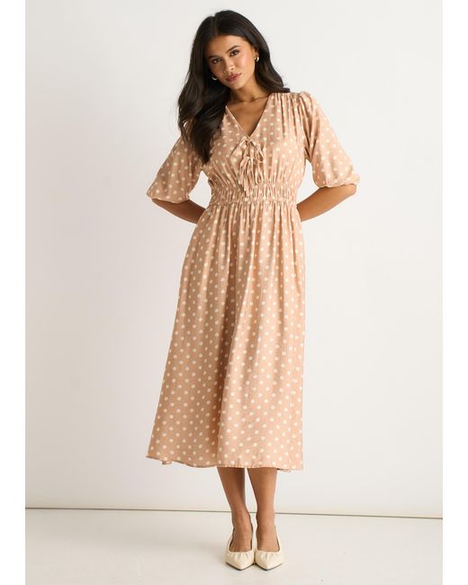Gini London Natural Oatmeal Spot Print Shirred Waist Shift Midi Dress