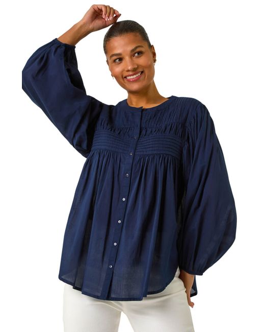 Roman Blue Pleat Detail Button Through Blouse