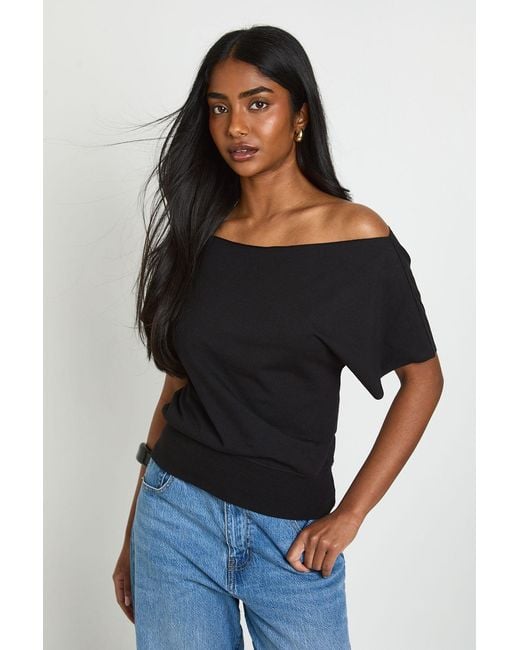 Boohoo Black Off The Shoulder Ribbed Waist Top