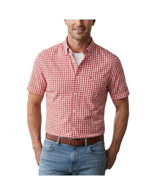 Tommy Hilfiger Red Oxford Shirts Gingham Checked Regular Short Sleeve Cotton for men