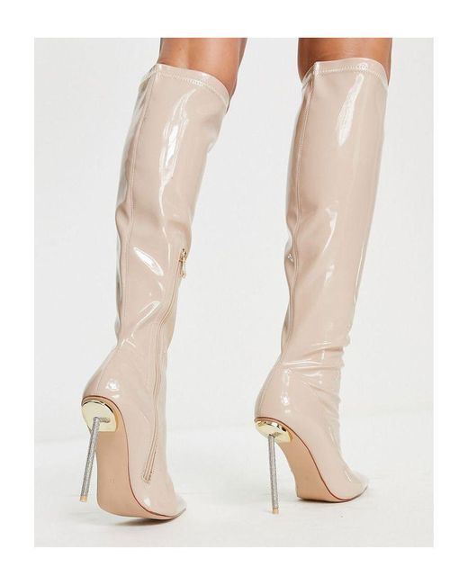 SIMMI White London Demi Knee Boots With Diamante Stiletto Heel