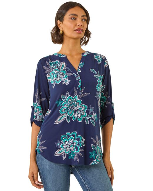 Roman Blue Floral Puff Print Stretch Shirt