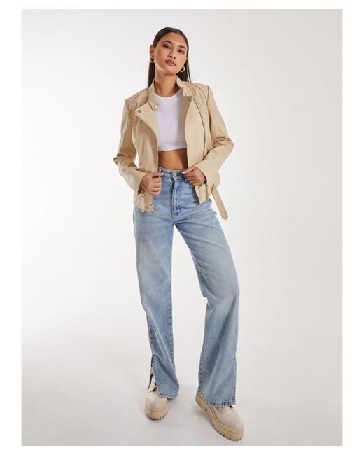 Pink Vanilla Blue Faux Pu Leather Biker Jacket