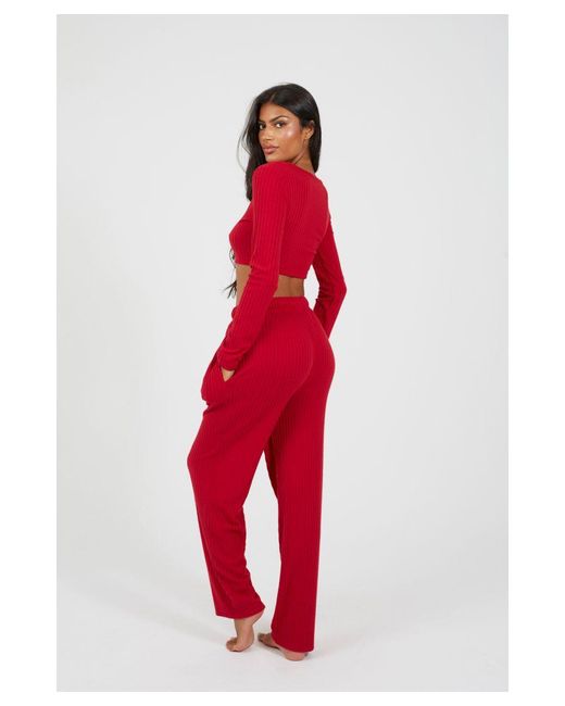 Brave Soul Red Cropped Long Sleeve & Wide Leg Lounge Set
