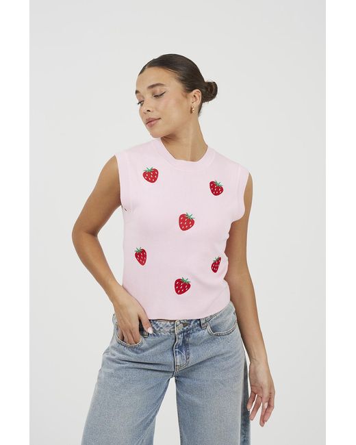 Brave Soul Pink Crew Neck Knitted Tank With Strawberry Embroidery