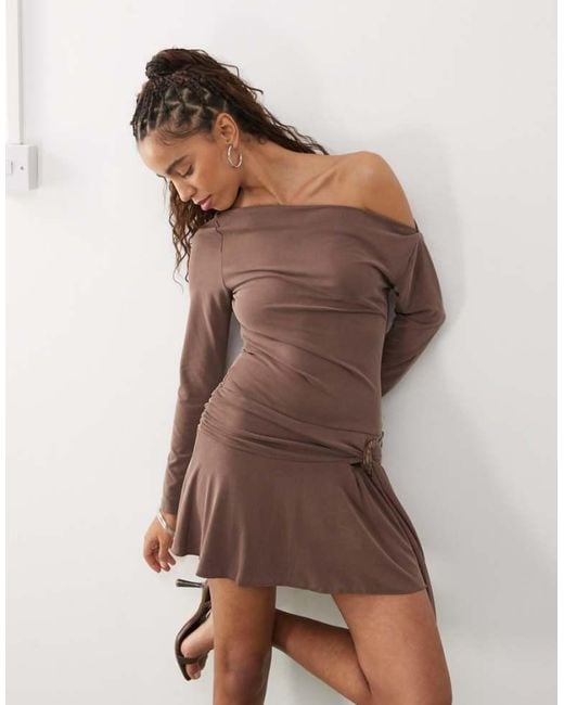 Motel Brown Aleida Wrap Detail Off-Shoulder Slinky Mini Dress