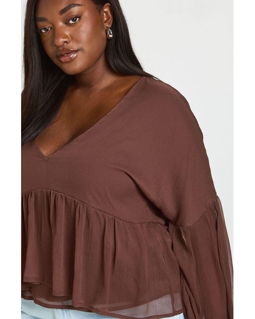 Boohoo Brown Plus Chiffon Ruffle Plunge Blouse