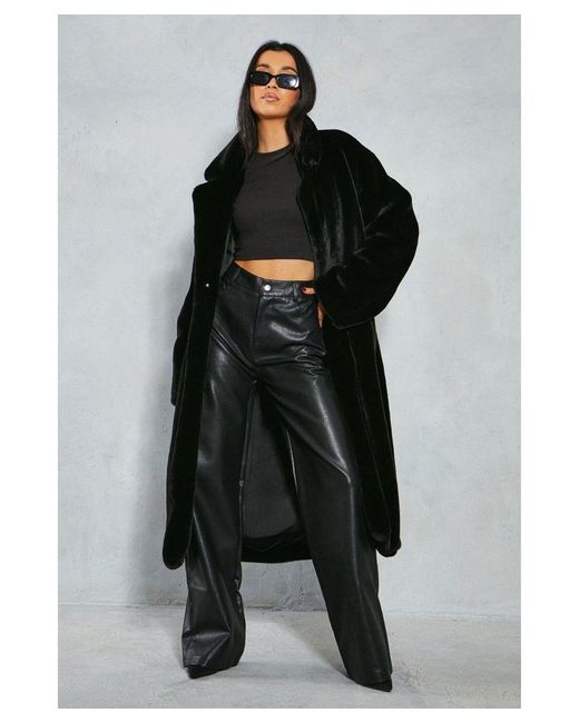 MissPap Black Premium Faux Fur Belted Maxi Coat