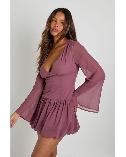 Boohoo Purple Chiffon Drop Waist Puff Ball Mini Dress