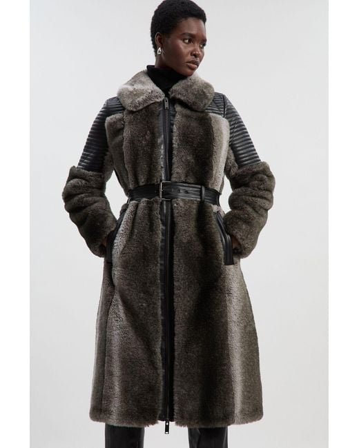 Karen Millen Faux Fur Leather Panelled Biker Belted Long Coat in