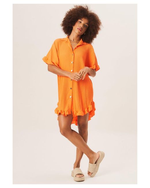 Gini London Orange Plisse Ruffle Detail Mini Shirt Dress