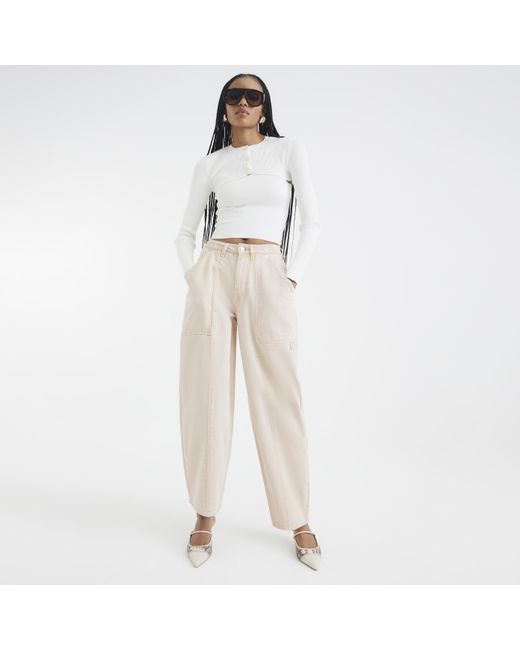 River Island White Canvas Barrel Leg Twill Trousers