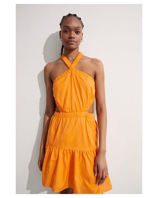 Warehouse Orange Cotton Cross Back Cut Out Mini Dress