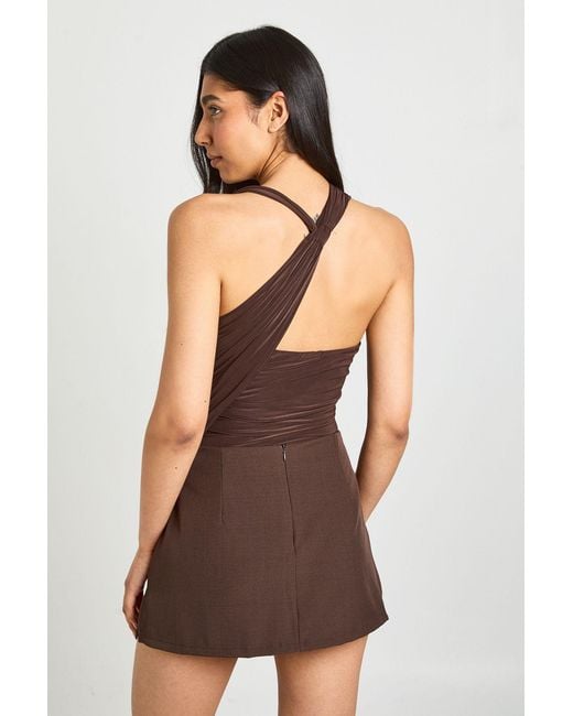 Boohoo Brown Tall Ruched One Shoulder Mesh Panel Bodysuit