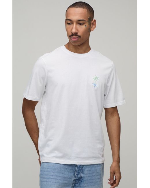 BoohooMAN White Regular Fit Palm Tree Embroidered T-Shirt for men