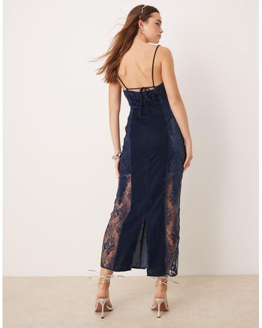 ASOS Blue Lace Embroidered Velvet Cami Midi Dress