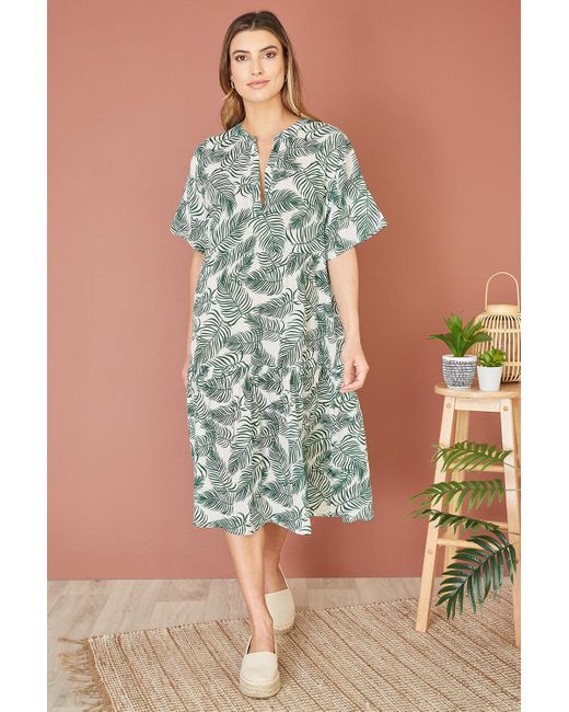 Yumi' Green Organic Cotton Palm Print Tiered Tunic Dress